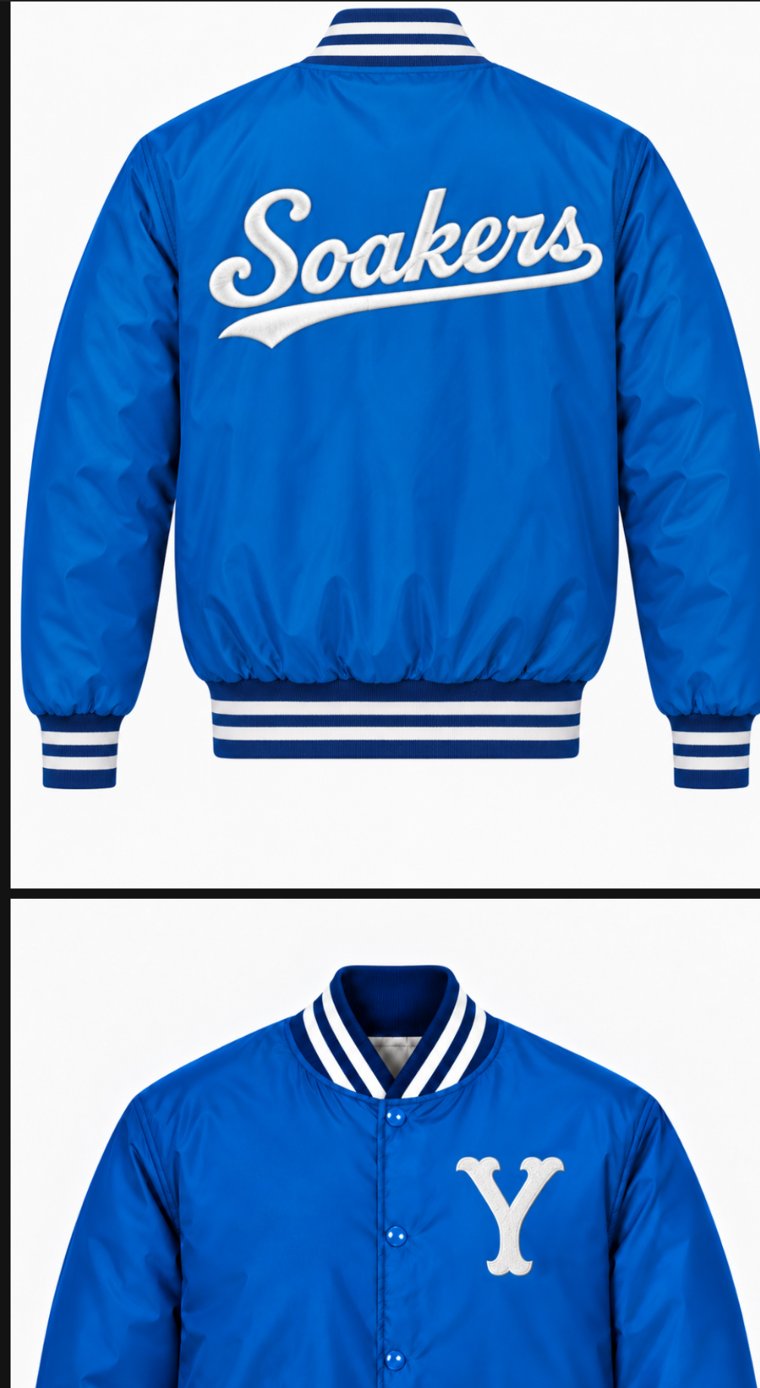 Royal blue Soakers jacket, script across the back, Y on the chest